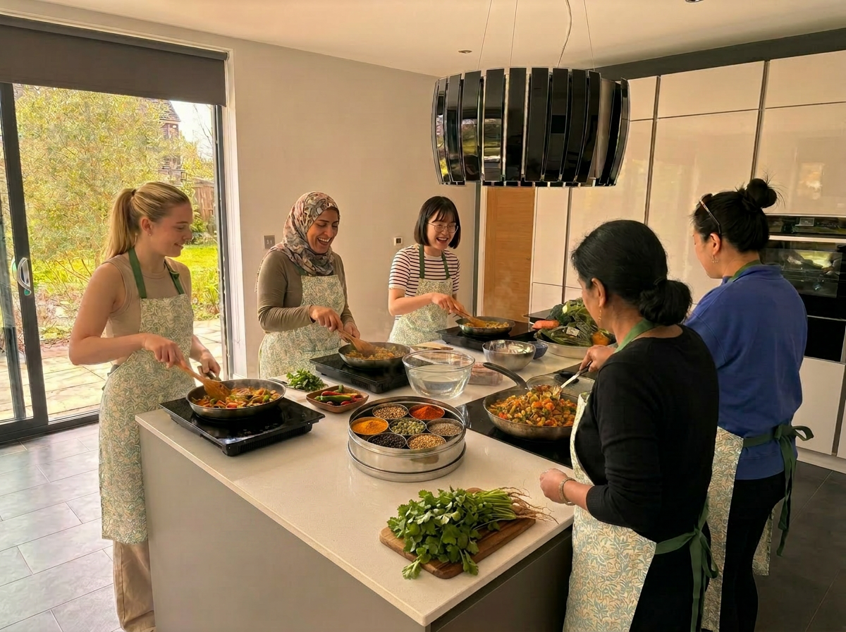Four students cooking vegetable bhaji in frying pans at their own hobs while Suj leads the class from the main cooker